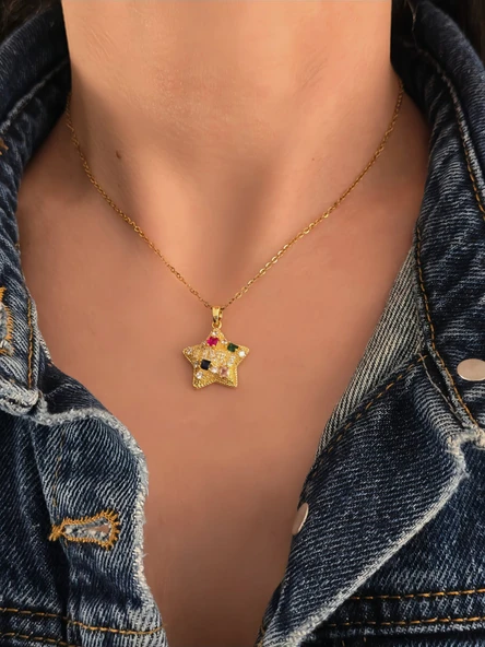 Yıldız Model Renkli Zirkon Taşlı Gold Renk Kolye