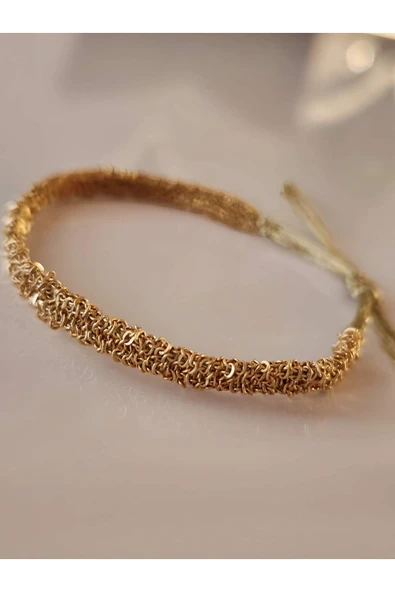 Zincir Dokuma Kordon El Yapımı Otantik Altın Kaplama Gold  Renkli Bileklik - Resim 3
