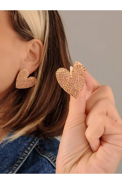 Kalp Love Aşk Model Rhinestone  Altın Kaplama Küpe