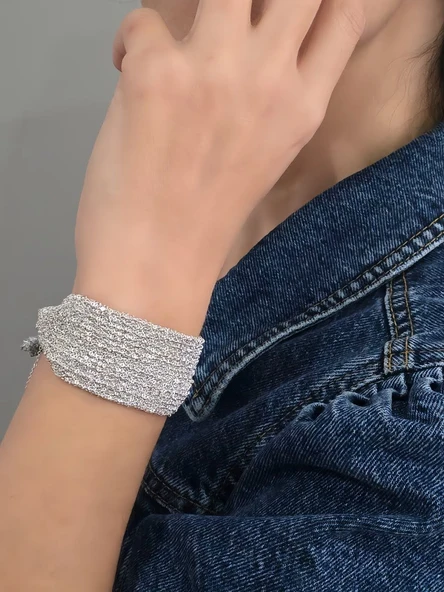 14 Sıralı Zincir Dokuma Kordon Model El Yapımı Gümüş Renk Bileklik - 2