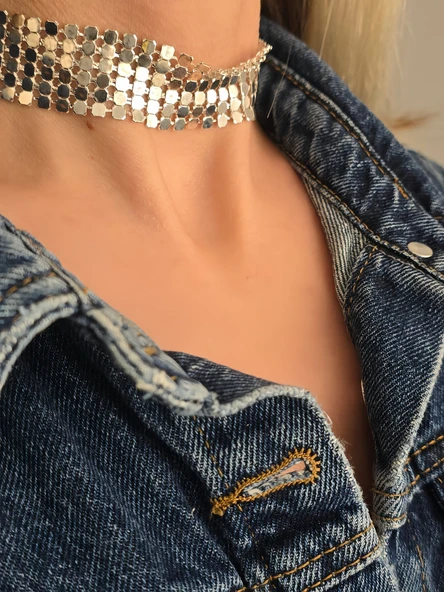 Arpa Pul Payet Zırh Metal Model Gümüş Choker Kolye - 2