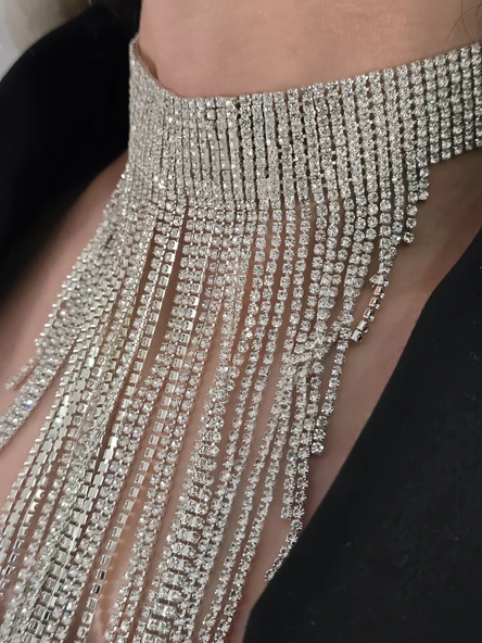 Kristal Taşlı Saçaklı Püskül Model Silver Renk Abiye Choker Tasma Kolye - Resim 3