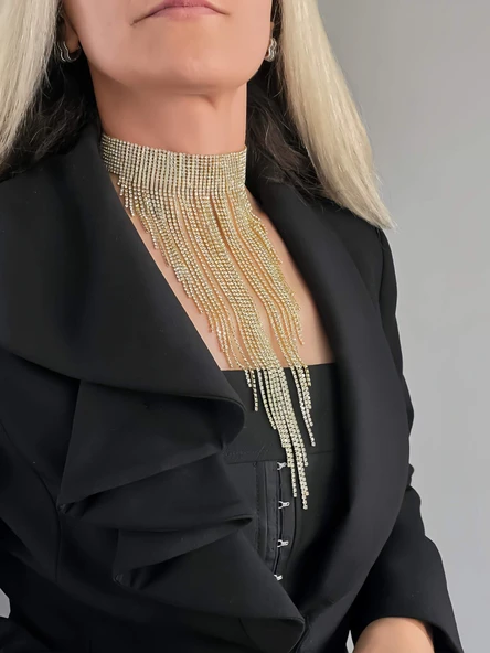 Kristal Taşlı Saçaklı Püskül Model Gold Renk Abiye Choker Tasma Kolye - 1