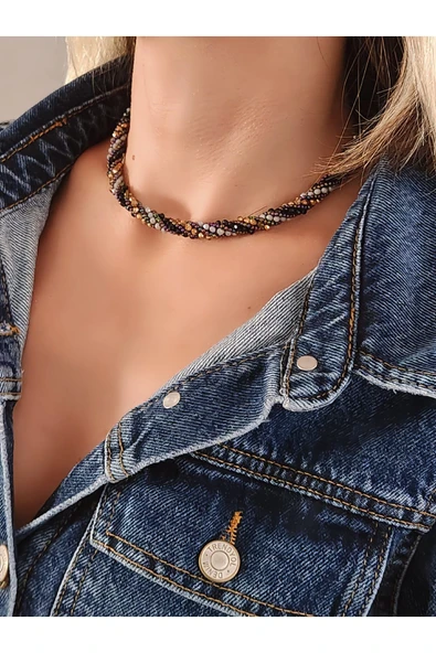 Etnik Bohem Sarmal Dönmeli Model Kristal Siyah Gold Renkli Taşlı Kristal Boncuk Kolye - 3