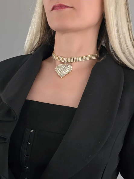 Sallantılı Kalp Model Rhinestone Choker Tasma Model Gold Renk Kolye - Resim 3