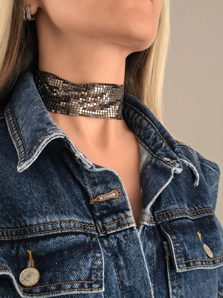 Arpa Pul Payet Zırh Metal Geniş Model Antrasit  Choker Kolye - 2