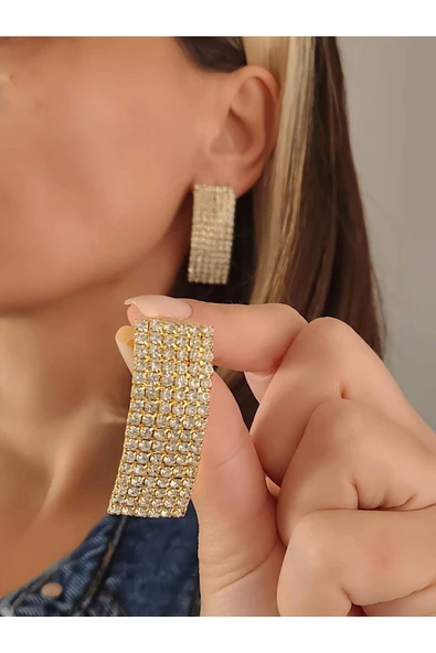 Dikdörtgen Model Abiye Altın Kaplama Gold Küpe