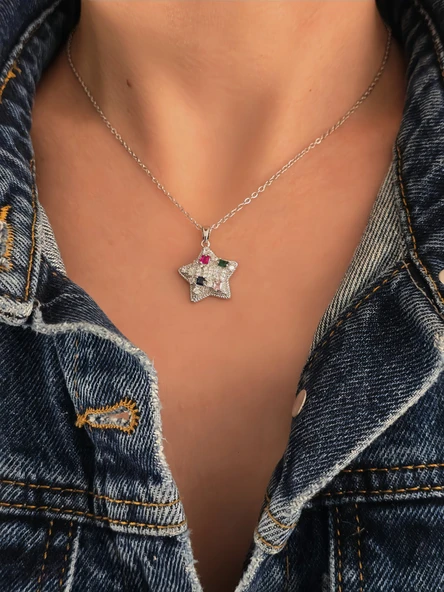 Yıldız Model Renkli Zirkon Taşlı Silver Renk Kolye ürün görseli