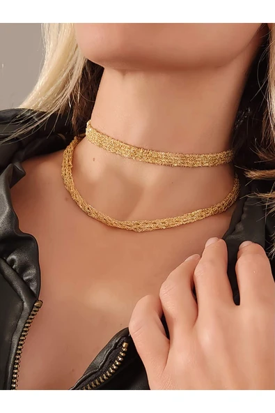 Kordon Zincir Örme El Yapımı Chooker Tasma Altın Kaplama Gold Renk Kolye - 2