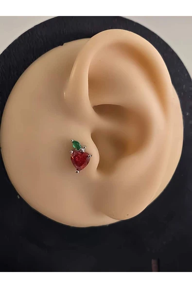 Kırmızı Elma Model Kıkırdak Piercing Tragus Helix Silver Gümüş Renk Küpe - 2