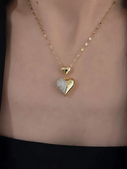 Bombeli Kalp Zirkon Taşlı Gold Renk Kolye ürün görseli