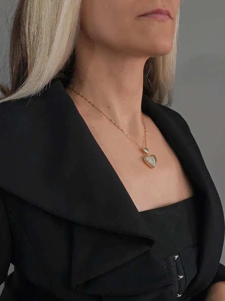 Bombeli Kalp Zirkon Taşlı Gold Renk Kolye - Resim 3