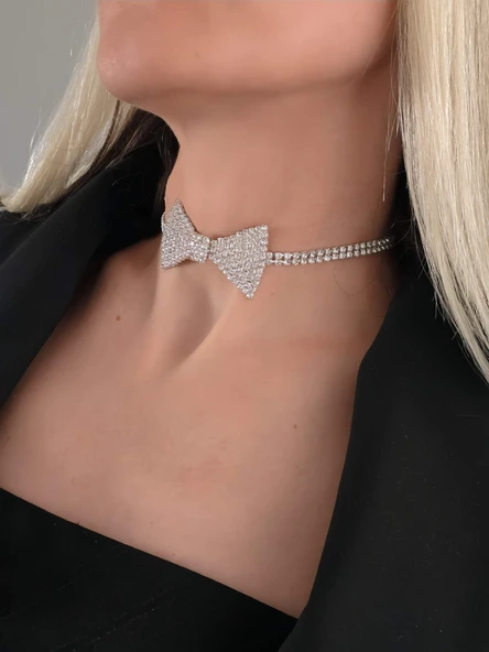 Papyon Model Rhinestone Choker Tasma Model Gümüş Renk Kolye - 3