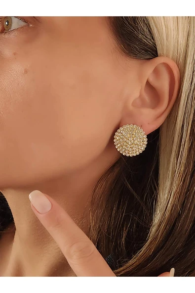 Yuvarlak Model Abiye Altın Kaplama Gold Renkli Küpe - Resim 2