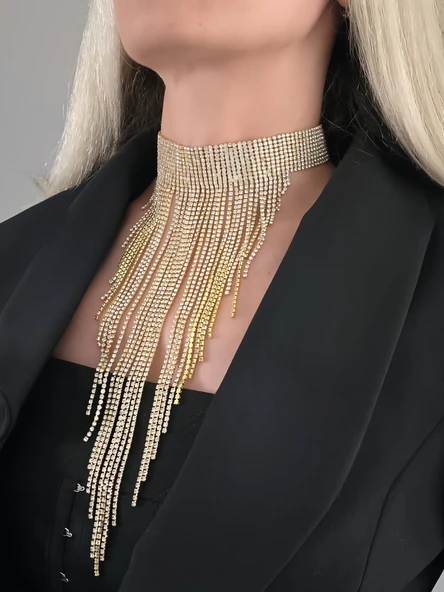 Kristal Taşlı Saçaklı Püskül Model Gold Renk Abiye Choker Tasma Kolye - 3