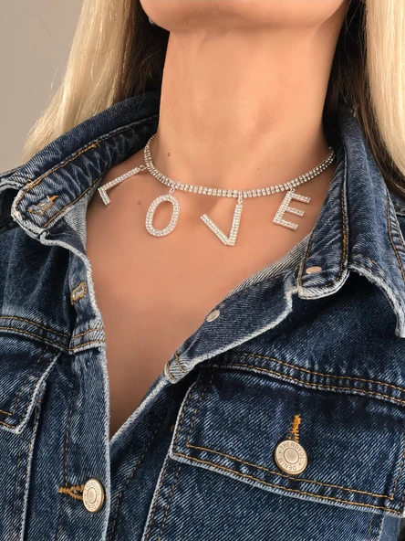Love Aşk Kristal Taşlı Party Style Gümüş Renk Kolye - 2