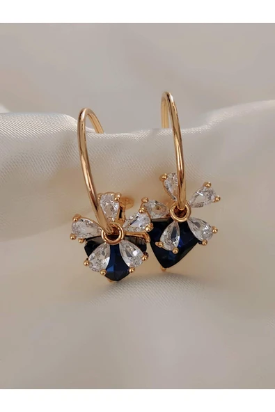 Çiçek Model Lacivert Taşlı Halka Gold Küpe - 2