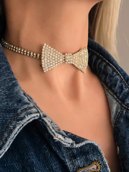 Papyon Model Rhinestone Choker Tasma Model Gold Renk Kolye - Resim 3