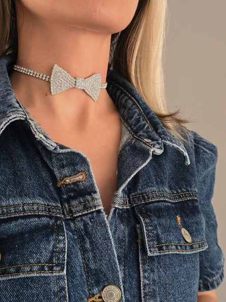 Papyon Model Rhinestone Choker Tasma Model Gümüş Renk Kolye