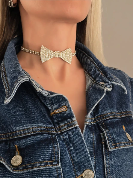 Papyon Model Rhinestone Choker Tasma Model Gold Renk Kolye ürün görseli