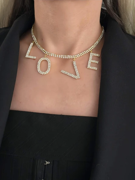 Love Aşk Kristal Taşlı Party Style Altın Kaplama Gold Renk Kolye - 3