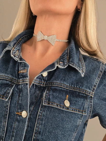 Papyon Model Rhinestone Choker Tasma Model Gold Renk Kolye - Resim 2