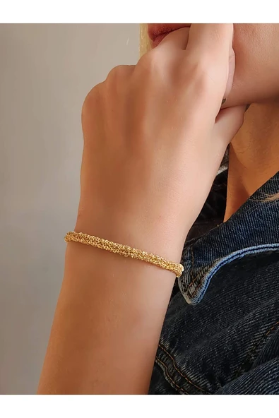 Zincir Dokuma Kordon El Yapımı Otantik Altın Kaplama Gold  Renkli Bileklik ürün görseli