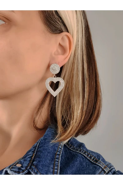 Kalp Love Aşk Sallantılı Model Gümüş Kaplama Küpe - 2