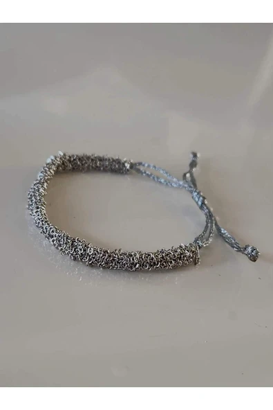 Zincir Dokuma Kordon El Yapımı Otantik Gümüş Platin Renkli Bileklik - Resim 2