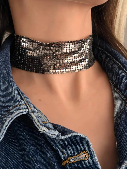 Arpa Pul Payet Zırh Metal Geniş Model Antrasit  Choker Kolye - 3