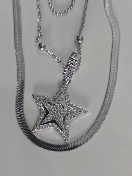 3'lü Zincir Yıldız İtalyan Zincir Model Silver Renk Kolye - 3