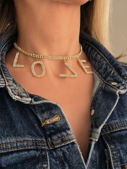 Love Aşk Kristal Taşlı Party Style Altın Kaplama Gold Renk Kolye - 1