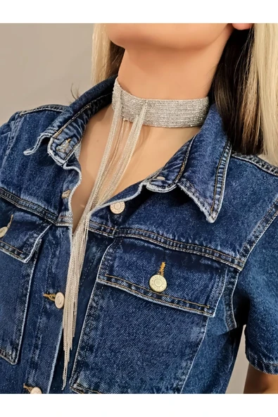 14 Sıralı Zincir V Model Dokuma Sallantılı Vücut Tasma Choker El Yapımı Gümüş Renk Kolye