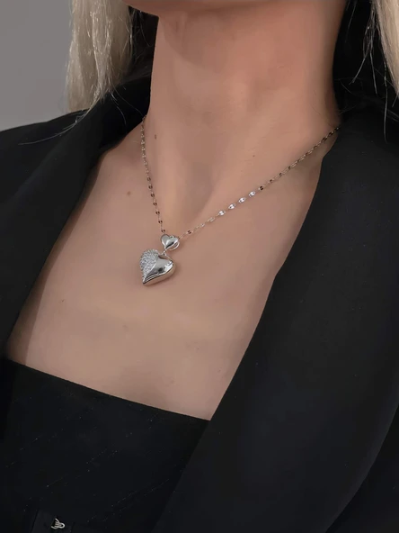 Bombeli Kalp Zirkon Taşlı Silver Renk Kolye - 3