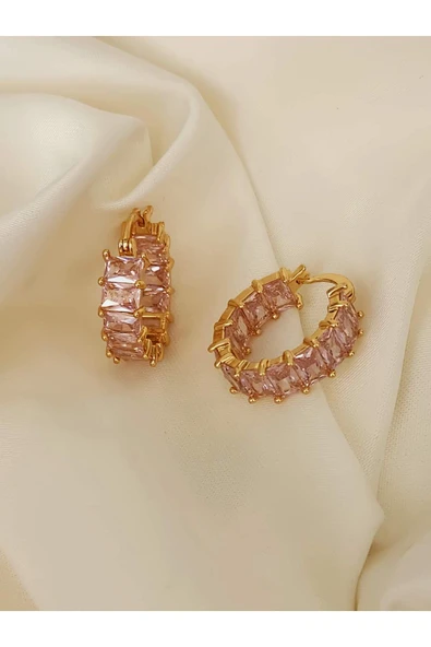 Pembe Zirkon Taşlı Halka Minimal Gold Küpe
