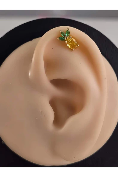 Ananas Model Kıkırdak Piercing Tragus Helix  Altın Kaplama Gold Renk Küpe - Resim 3
