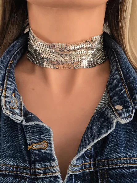 Arpa Pul Payet Zırh Metal Geniş Model Gümüş  Choker Kolye