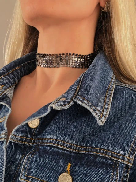 Arpa Pul Payet Zırh Metal Model Antrasit Choker Kolye
