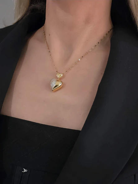 Bombeli Kalp Zirkon Taşlı Gold Renk Kolye - Resim 2