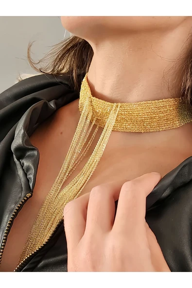 14 Sıralı Zincir V Model Dokuma Sallantılı Vücut Tasma Choker El Yapımı Altın Renk Kolye - 3