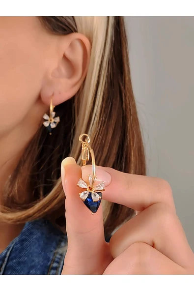 Çiçek Model Lacivert Taşlı Halka Gold Küpe - 1