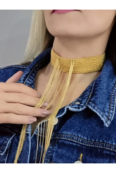 14 Sıralı Zincir V Model Dokuma Sallantılı Vücut Tasma Choker El Yapımı Altın Renk Kolye