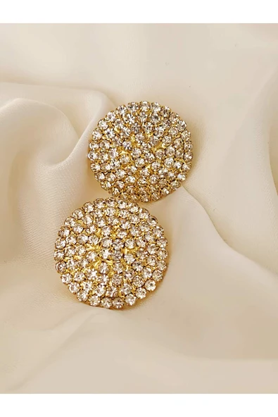 Yuvarlak Model Abiye Altın Kaplama Gold Renkli Küpe - Resim 3