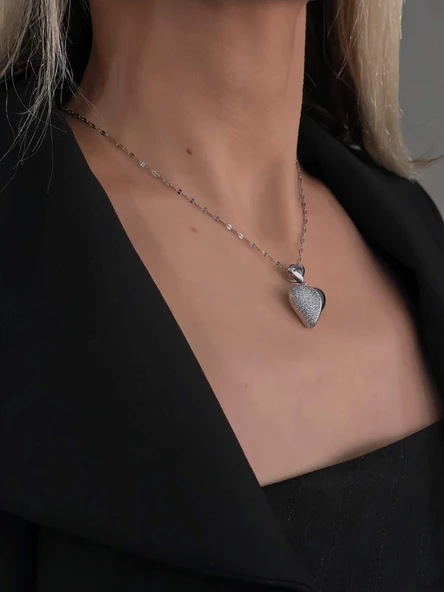 Bombeli Kalp Zirkon Taşlı Silver Renk Kolye - 2