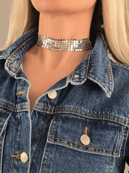 Arpa Pul Payet Zırh Metal Model Gümüş Choker Kolye - 1