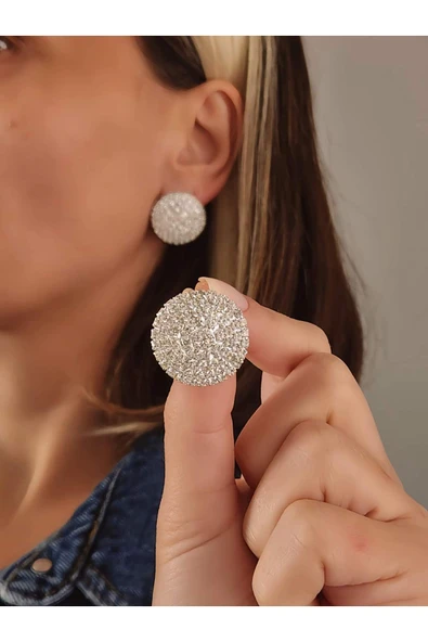 Yuvarlak Model Abiye Gümüş Renkli Küpe - 1