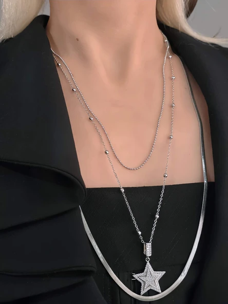 3'lü Zincir Yıldız İtalyan Zincir Model Silver Renk Kolye