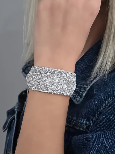 14 Sıralı Zincir Dokuma Kordon Model El Yapımı Gümüş Renk Bileklik - 3