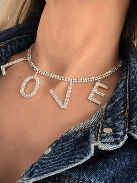 Love Aşk Kristal Taşlı Party Style Gümüş Renk Kolye
