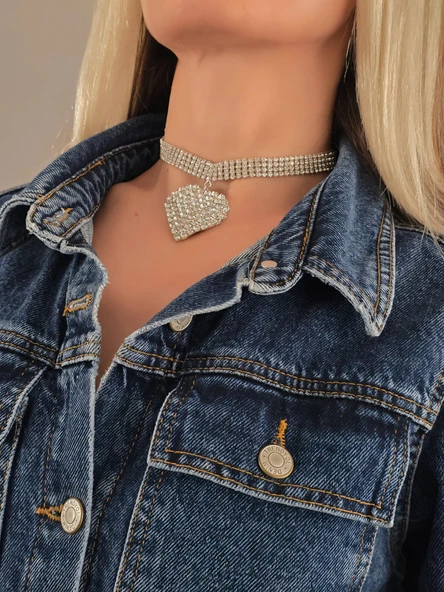 Sallantılı Kalp Model Rhinestone Choker Tasma Model Gümüş Renk Kolye - 3